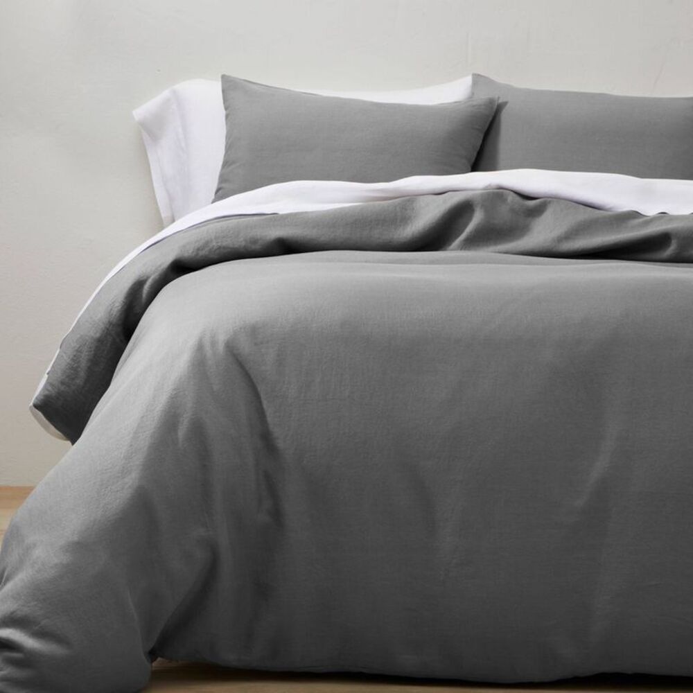 Full/Queen Linen Duvet & Sham Set - Gray Woven